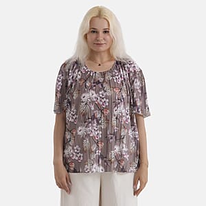 La Marey Brown Floral Woven Pleated Printed Top - One Size Fits Most