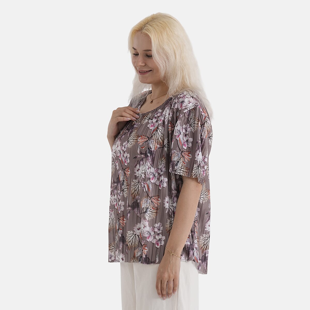 La Marey Brown Floral Woven Pleated Printed Top - One Size Fits Most image number 3
