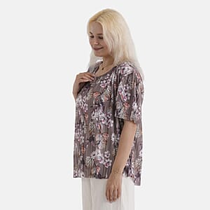 La Marey Brown Floral Woven Pleated Printed Top - One Size Fits Most