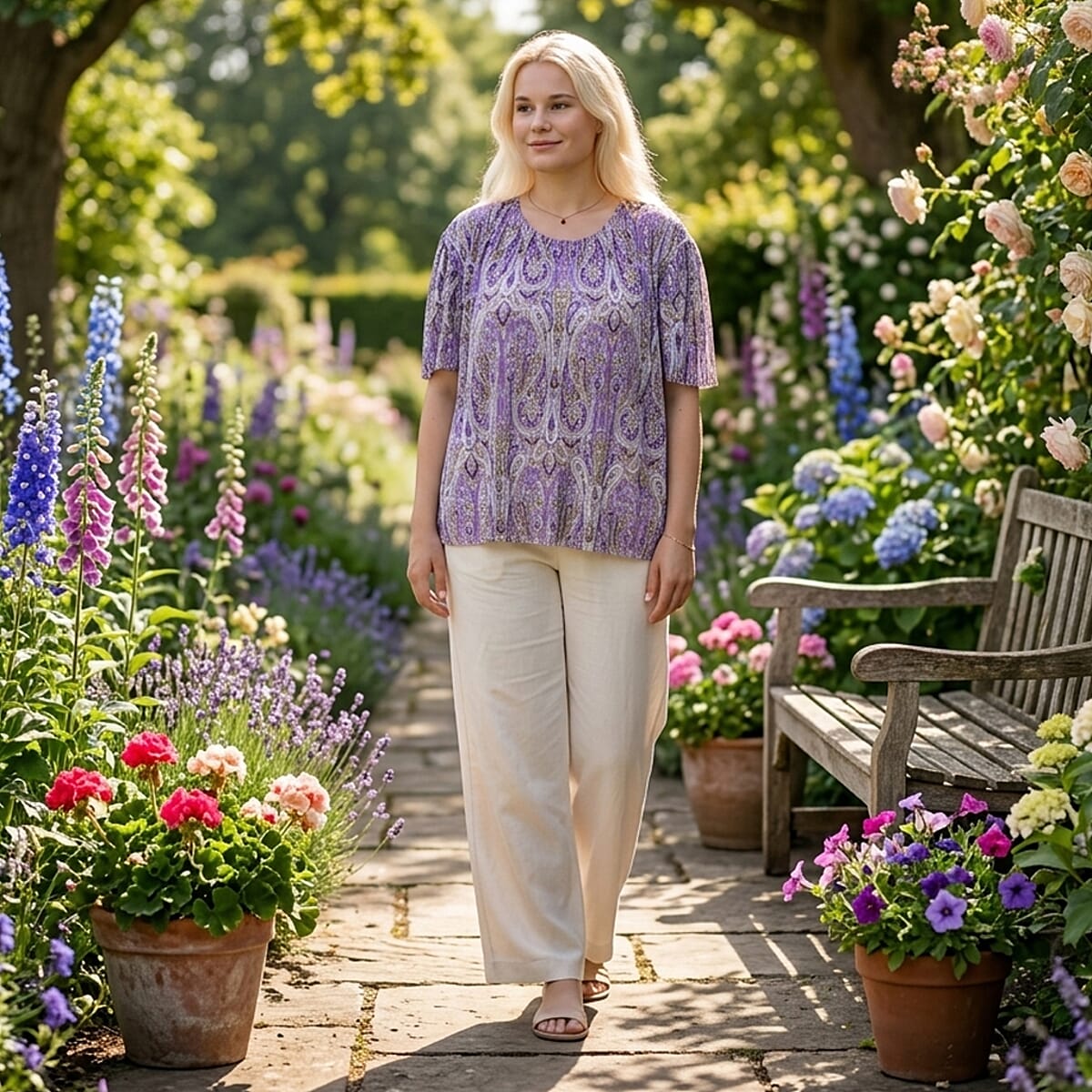 La Marey Purple Paisley Woven Pleated Printed Top - One Size Fits Most image number 1