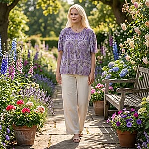 La Marey Purple Paisley Woven Pleated Printed Top - One Size Fits Most