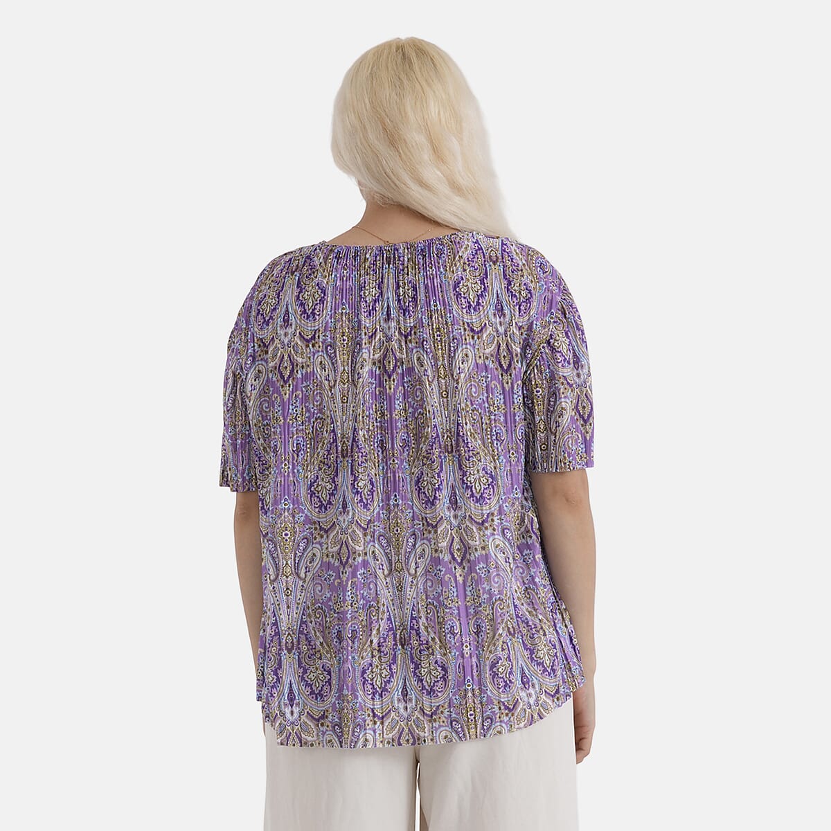 La Marey Purple Paisley Woven Pleated Printed Top - One Size Fits Most image number 2