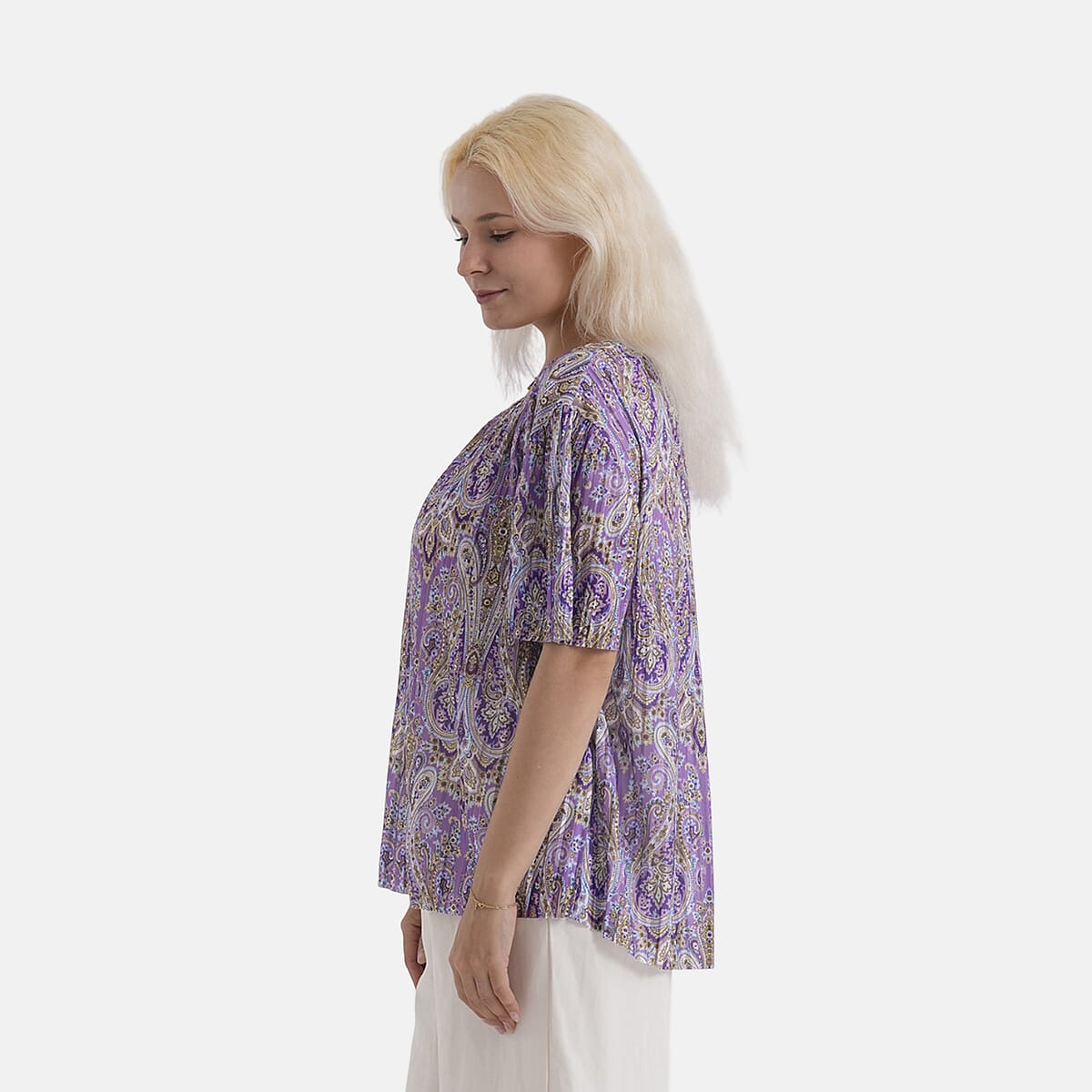 La Marey Purple Paisley Woven Pleated Printed Top - One Size Fits Most image number 3