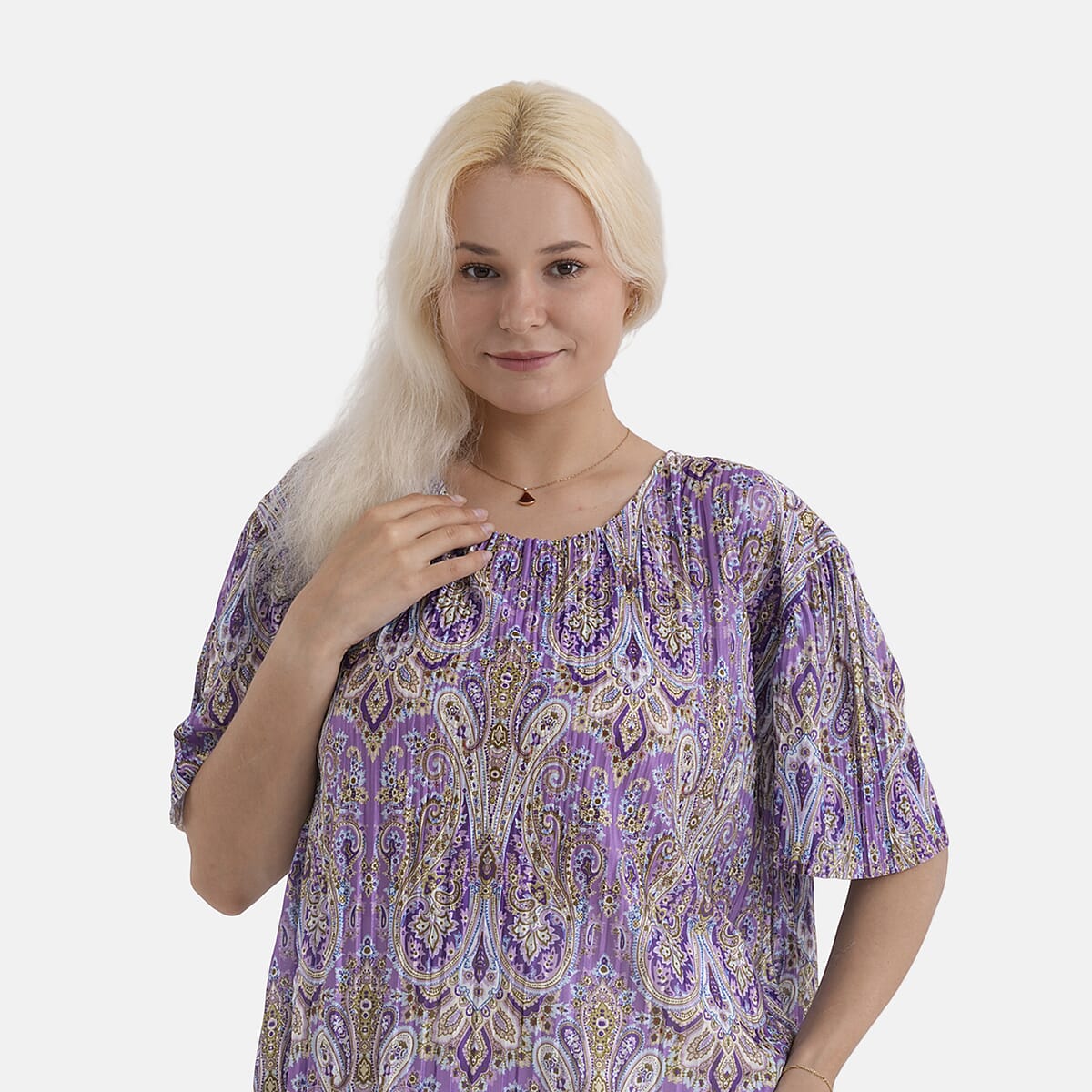 La Marey Purple Paisley Woven Pleated Printed Top - One Size Fits Most image number 4