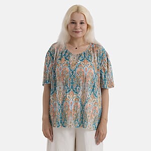 La Marey Teal Paisley Woven Pleated Printed Top - One Size Fits Most