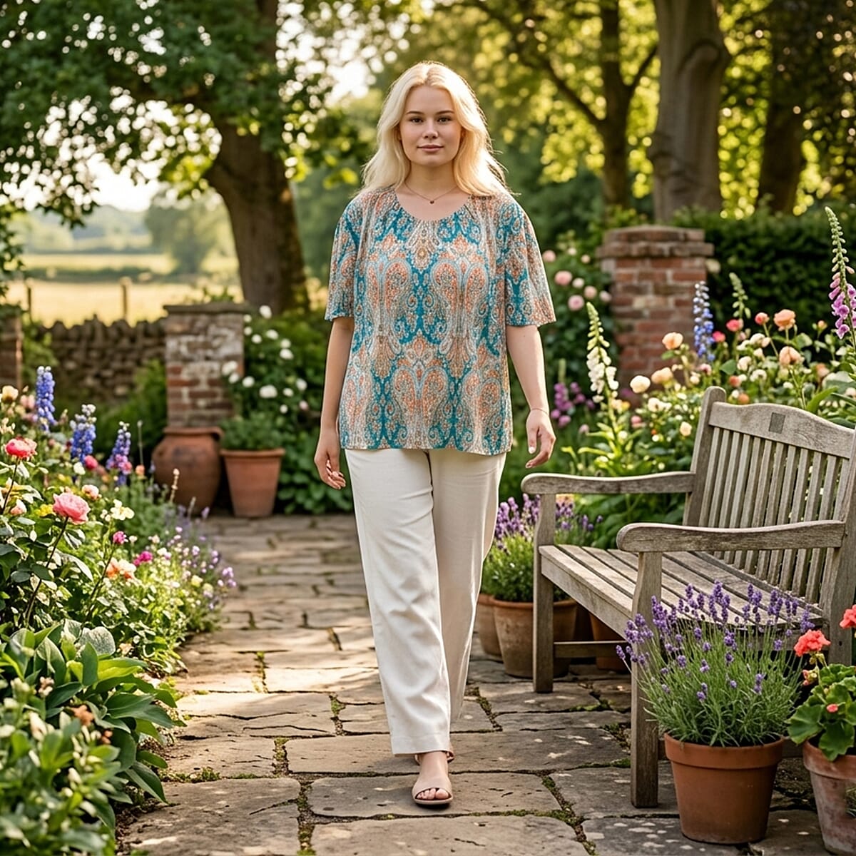La Marey Teal Paisley Woven Pleated Printed Top - One Size Fits Most image number 1