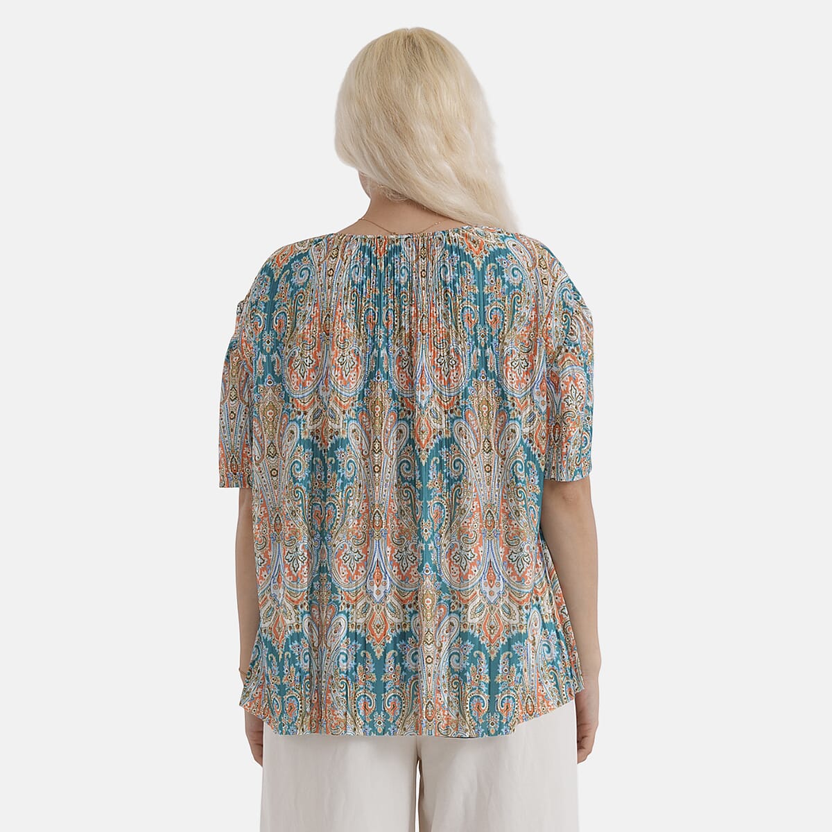 La Marey Teal Paisley Woven Pleated Printed Top - One Size Fits Most image number 2