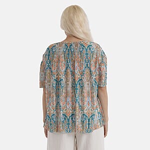 La Marey Teal Paisley Woven Pleated Printed Top - One Size Fits Most