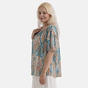 La Marey Teal Paisley Woven Pleated Printed Top - One Size Fits Most