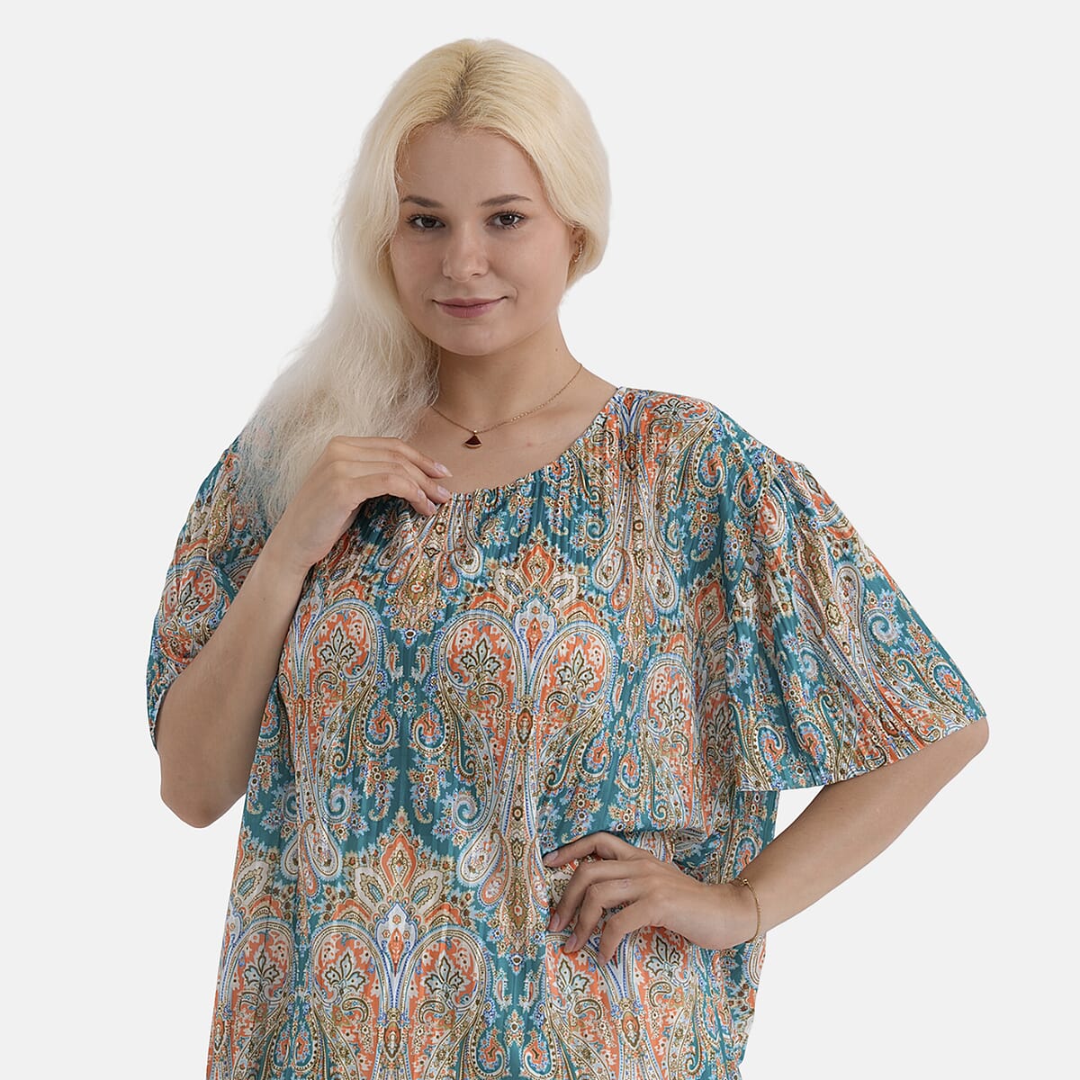 La Marey Teal Paisley Woven Pleated Printed Top - One Size Fits Most image number 4