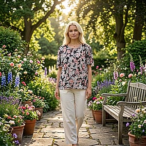 La Marey Black Multi Floral Woven Pleated Printed Top - One Size Fits Most