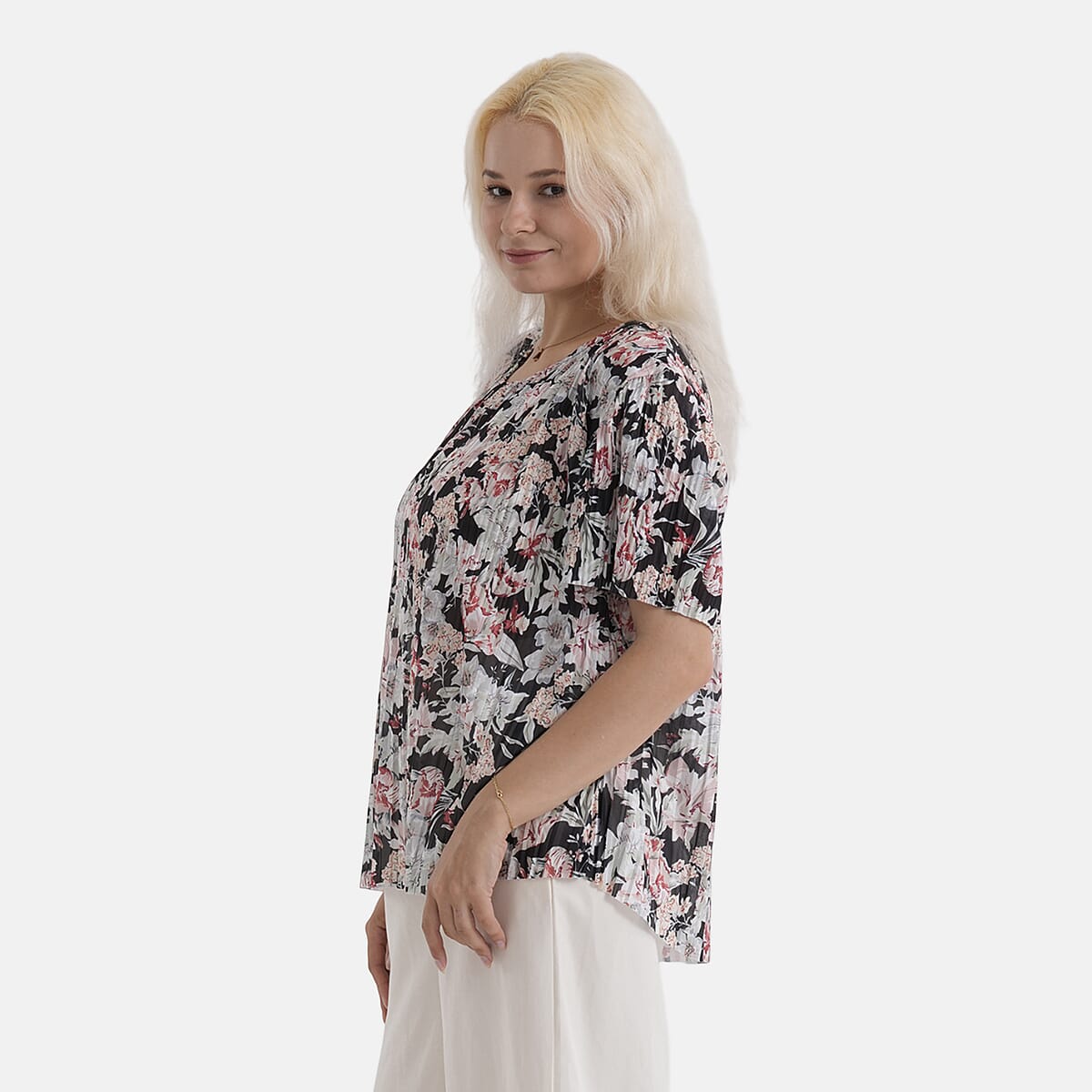 La Marey Black Multi Floral Woven Pleated Printed Top - One Size Fits Most image number 3