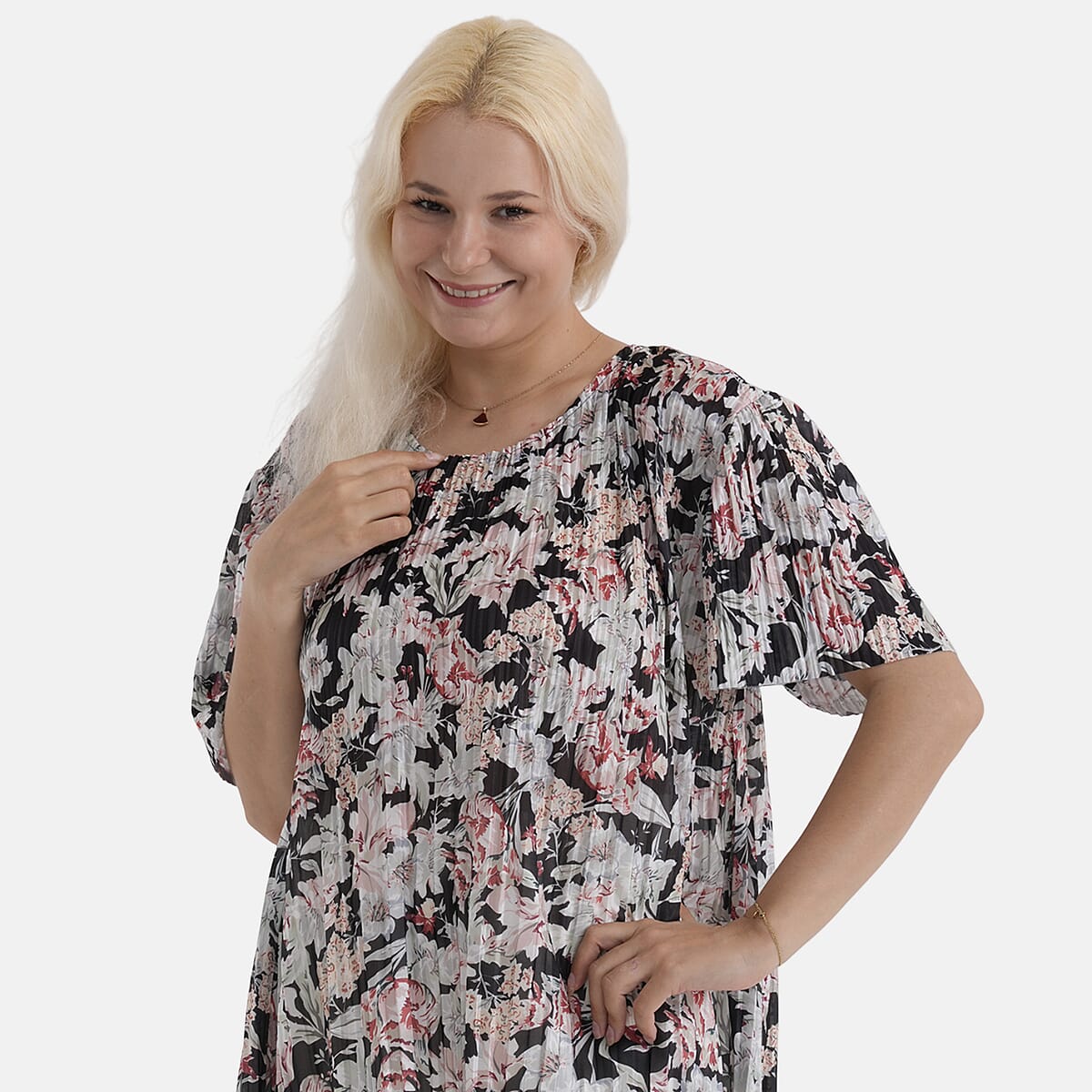 La Marey Black Multi Floral Woven Pleated Printed Top - One Size Fits Most image number 4
