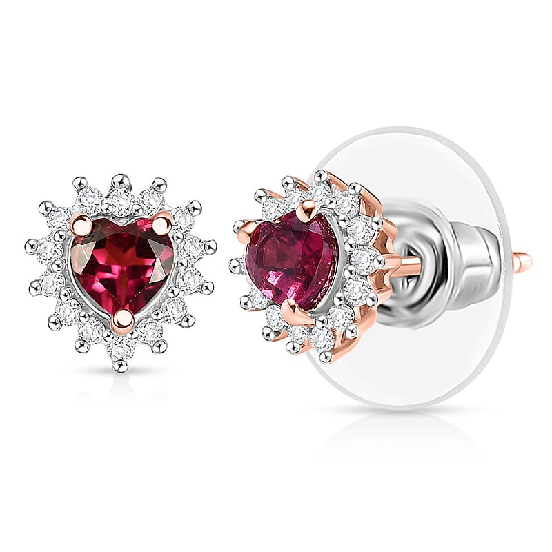 Premium Malawi Magenta Garnet and Luxuriant Lab Grown Diamond G-H SI 0.90 ctw Crown Affair Earrings in 18K Vermeil Rose Gold Over Sterling Silver