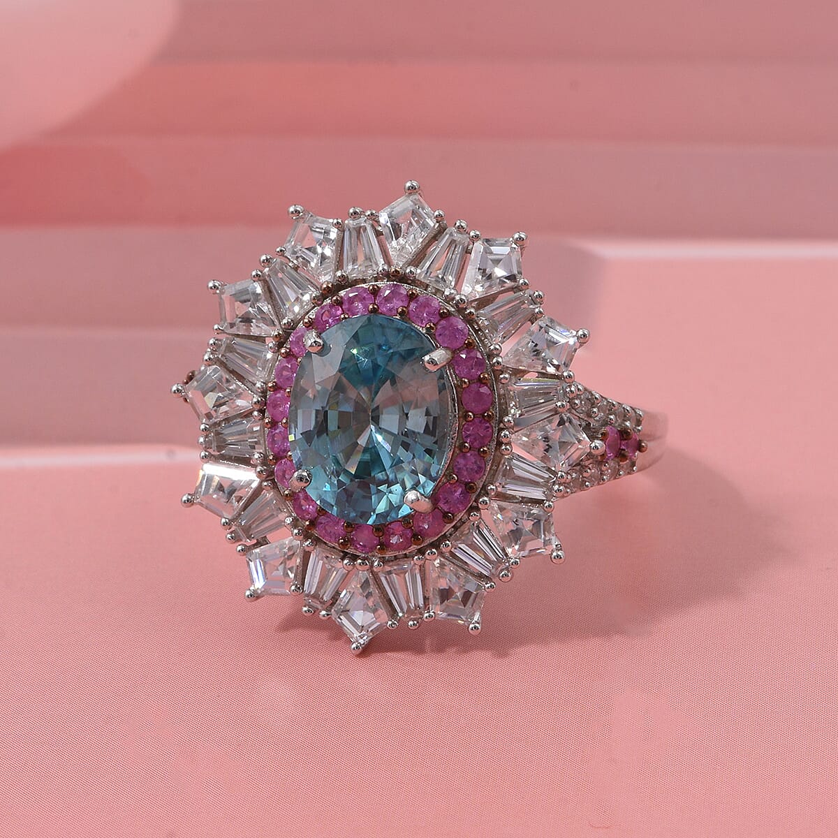 D'Joy Cambodian Blue Zircon and Multi Gemstone 8.00 ctw Imperial Bloom Crown Ring in Rhodium Over Sterling Silver (Size 10.0) image number 1