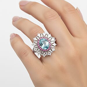 D'Joy Cambodian Blue Zircon and Multi Gemstone 8.00 ctw Imperial Bloom Crown Ring in Rhodium Over Sterling Silver (Size 10.0)