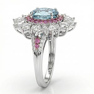 D'Joy Cambodian Blue Zircon and Multi Gemstone 8.00 ctw Imperial Bloom Crown Ring in Rhodium Over Sterling Silver (Size 10.0)