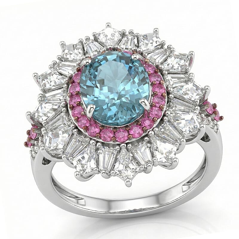 D'Joy Cambodian Blue Zircon and Multi Gemstone 8.20 ctw Ring in Rhodium Over Sterling Silver (Size 5.0)