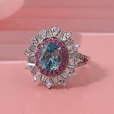 D'Joy Cambodian Blue Zircon and Multi Gemstone 8.20 ctw Ring in Rhodium Over Sterling Silver (Size 5.0)