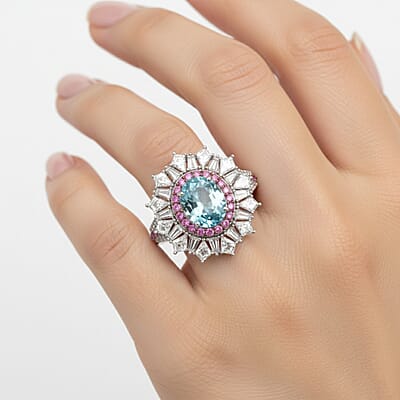 D'Joy Cambodian Blue Zircon and Multi Gemstone 8.20 ctw Ring in Rhodium Over Sterling Silver (Size 5.0)