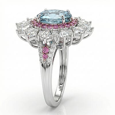 D'Joy Cambodian Blue Zircon and Multi Gemstone 8.20 ctw Ring in Rhodium Over Sterling Silver (Size 5.0)