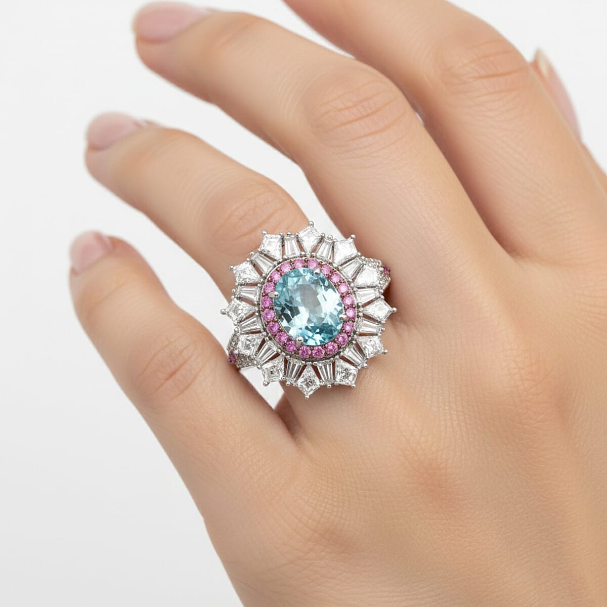 D'Joy Cambodian Blue Zircon and Multi Gemstone 8.00 ctw Imperial Bloom Crown Ring in Rhodium Over Sterling Silver (Size 6.0) image number 2