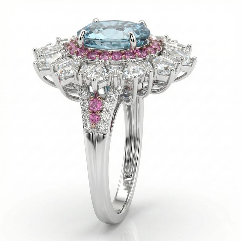 D'Joy Cambodian Blue Zircon and Multi Gemstone 8.00 ctw Imperial Bloom Crown Ring in Rhodium Over Sterling Silver (Size 6.0)