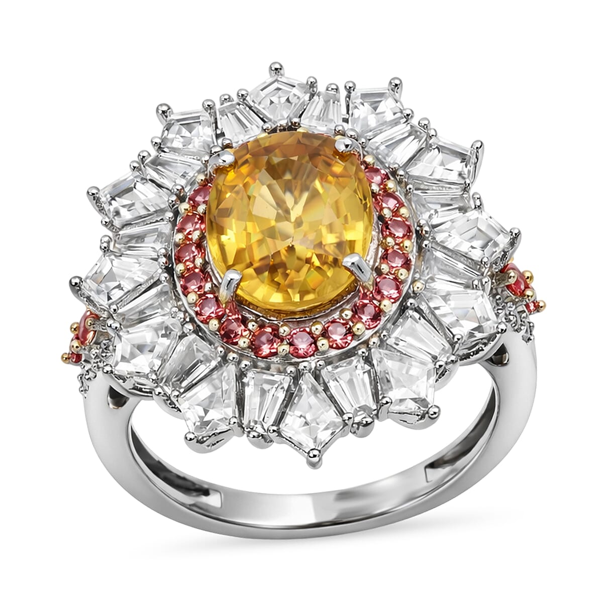 D'Joy Golden Zircon and Multi Gemstone 7.85 ctw Imperial Bloom Crown Ring in Rhodium Over Sterling Silver (Size 10.0)