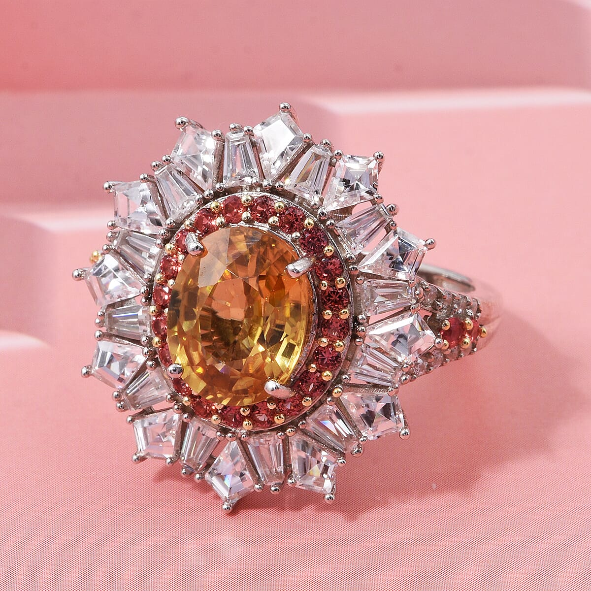 D'Joy Golden Zircon and Multi Gemstone 7.85 ctw Imperial Bloom Crown Ring in Rhodium Over Sterling Silver (Size 10.0)