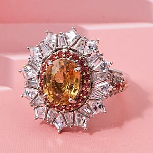 D'Joy Golden Zircon and Multi Gemstone 7.85 ctw Imperial Bloom Crown Ring in Rhodium Over Sterling Silver (Size 10.0)