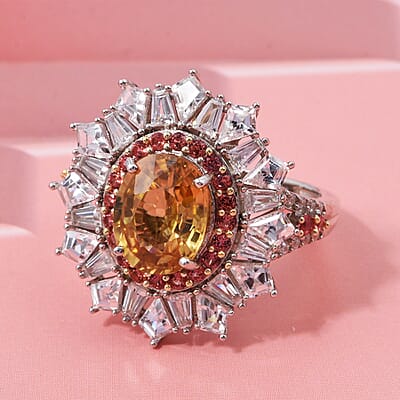 D'Joy Golden Zircon and Multi Gemstone 7.85 ctw Imperial Bloom Crown Ring in Rhodium Over Sterling Silver (Size 10.0)