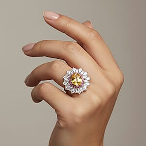 D'Joy Golden Zircon and Multi Gemstone 7.85 ctw Imperial Bloom Crown Ring in Rhodium Over Sterling Silver (Size 10.0)