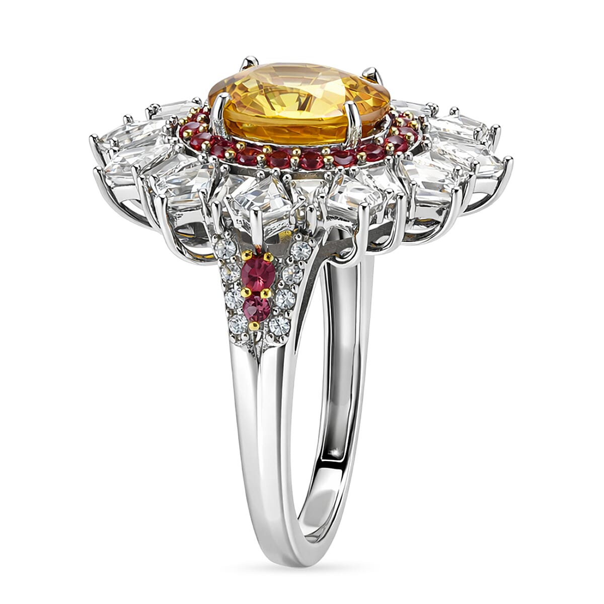 D'Joy Golden Zircon and Multi Gemstone 7.85 ctw Imperial Bloom Crown Ring in Rhodium Over Sterling Silver (Size 10.0) image number 3