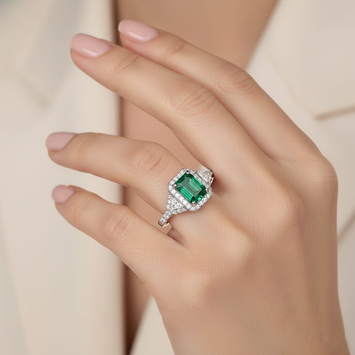 D'Joy Premium Kagem Zambian Emerald and Moissanite 2.20 ctw Crowned Heirloom Ring in Rhodium Over Sterling Silver (Size 10.0) image number 2