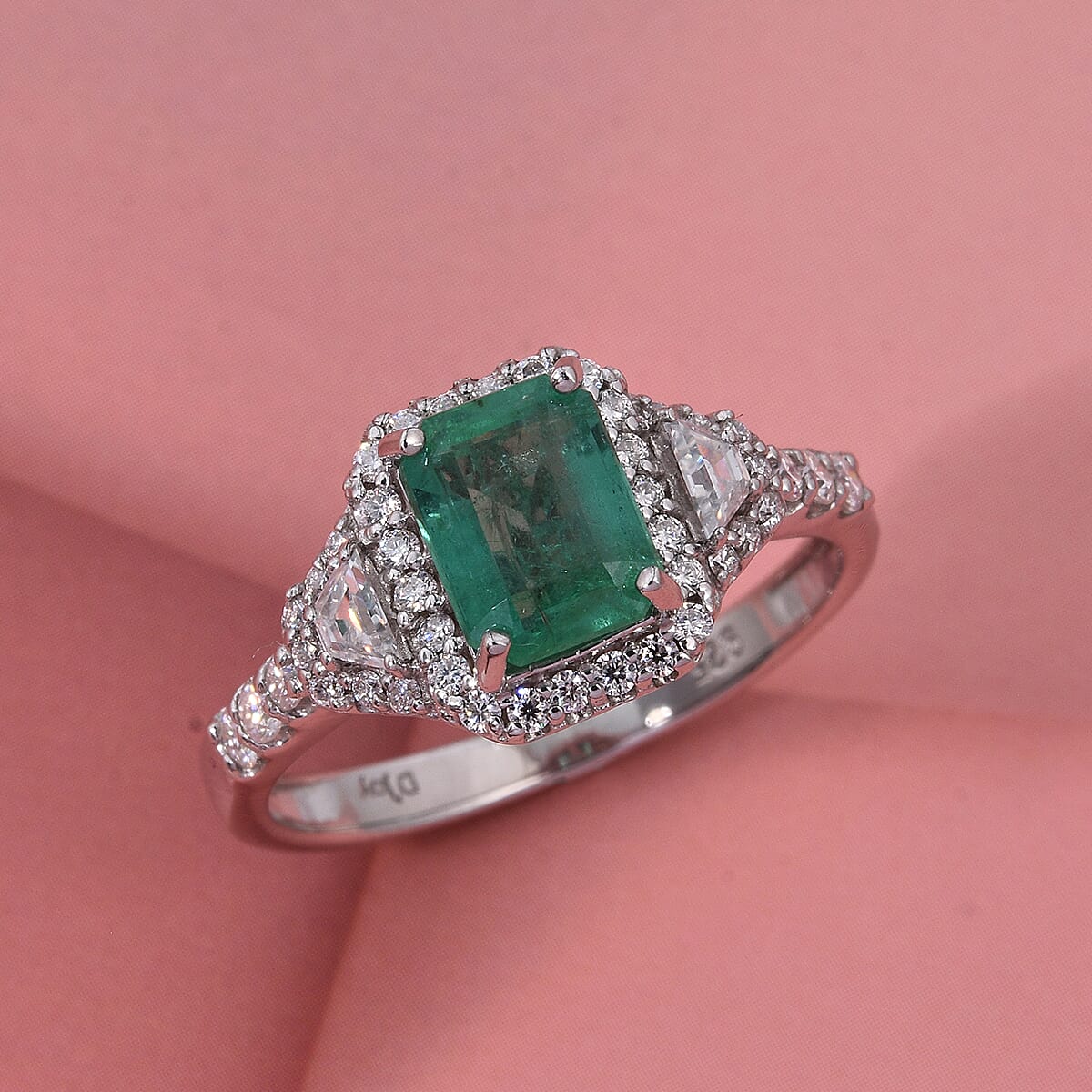 D'Joy Premium Kagem Zambian Emerald and Moissanite 2.20 ctw Crowned Heirloom Ring in Rhodium Over Sterling Silver (Size 5.0) image number 1
