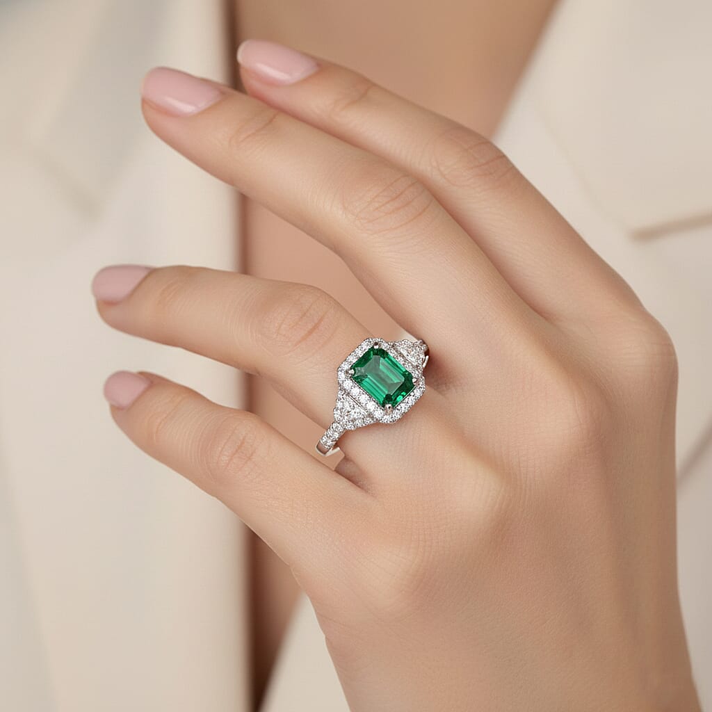 D'Joy Premium Kagem Zambian Emerald and Moissanite 2.20 ctw Crowned Heirloom Ring in Rhodium Over Sterling Silver (Size 5.0)