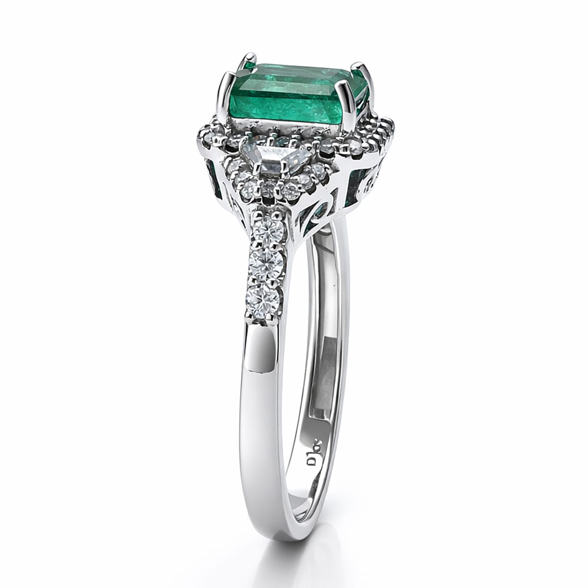 D'Joy Premium Kagem Zambian Emerald and Moissanite 2.20 ctw Crowned Heirloom Ring in Rhodium Over Sterling Silver (Size 5.0) image number 3