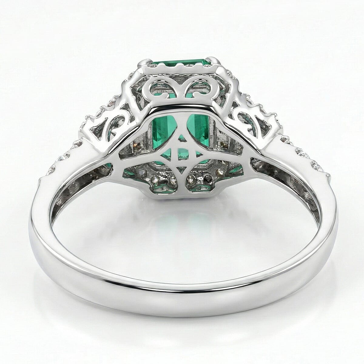 D'Joy Premium Kagem Zambian Emerald and Moissanite 2.20 ctw Crowned Heirloom Ring in Rhodium Over Sterling Silver (Size 5.0)