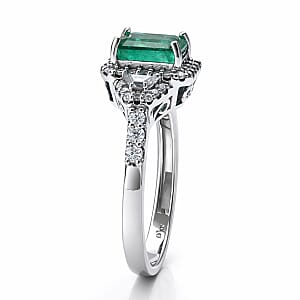 D'Joy Premium Kagem Zambian Emerald and Moissanite 2.20 ctw Crowned Heirloom Ring in Rhodium Over Sterling Silver (Size 6.0)
