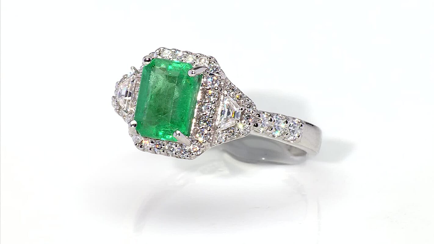 D'Joy Premium Kagem Zambian Emerald, Moissanite Crowned Heirloom Ring in Rhodium Over Sterling Silver (Size 10.0) 2.20 ctw