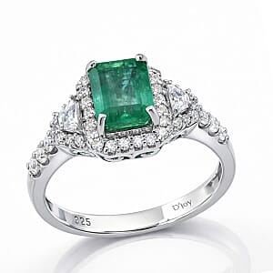 D'Joy Premium Kagem Zambian Emerald and Moissanite 2.20 ctw Crowned Heirloom Ring in Rhodium Over Sterling Silver (Size 9.0)
