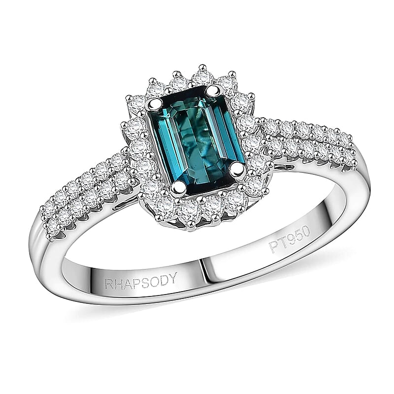 Certified and Appraised Rhapsody AAAA Monte Belo Indicolite, Diamond Ring in 950 Platinum 1.55 ctw (Size 5.0)