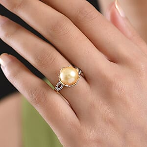 D'Joy South Sea Golden Cultured Pearl and White Zircon 1.10 ctw Sunbeam Loop Ring in 18K Vermeil Yellow Gold Over Sterling Silver (Size 6.0)