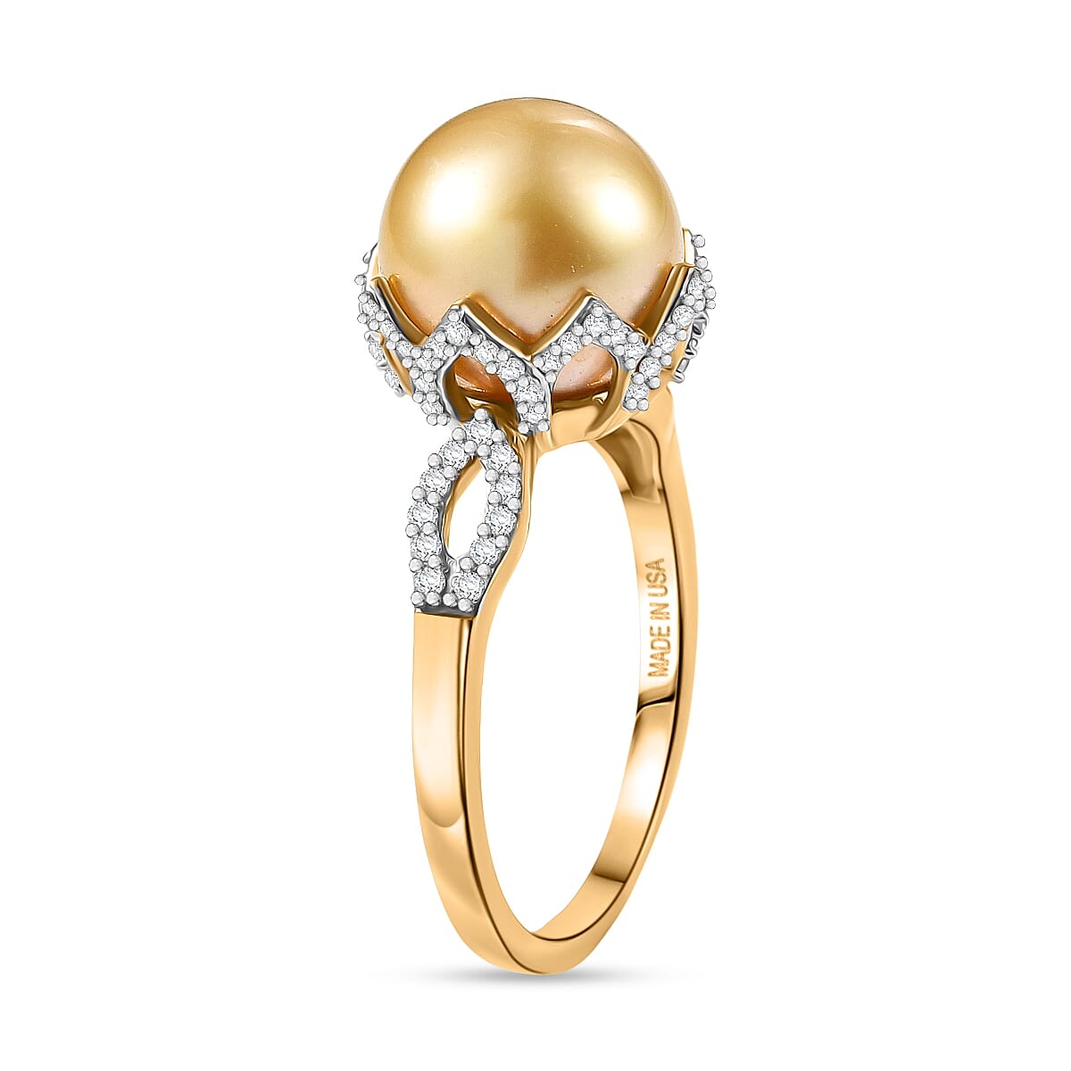D'Joy South Sea Golden Cultured Pearl and White Zircon 1.10 ctw Sunbeam Loop Ring in 18K Vermeil Yellow Gold Over Sterling Silver (Size 6.0) image number 3