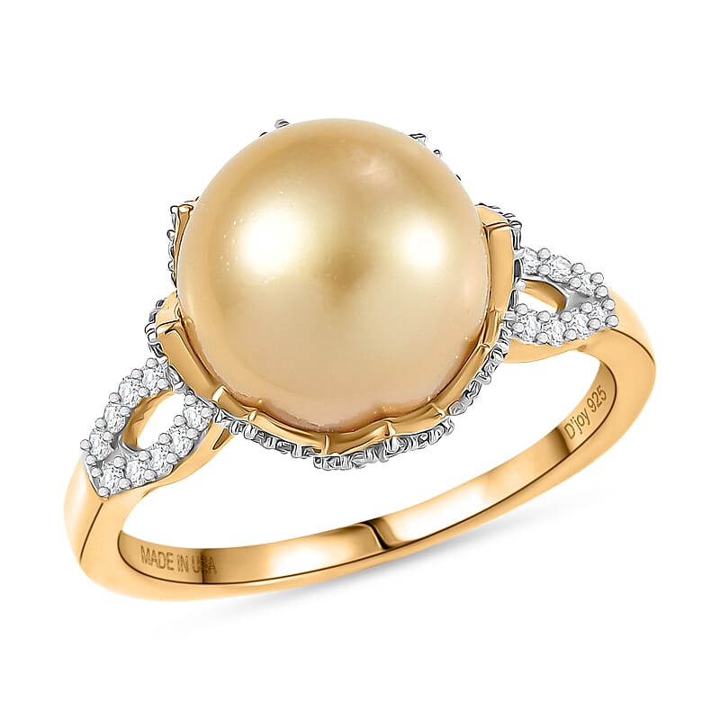 D'Joy South Sea Golden Cultured Pearl and White Zircon 1.10 ctw Sunbeam Loop Ring in 18K Vermeil Yellow Gold Over Sterling Silver (Size 8.0)