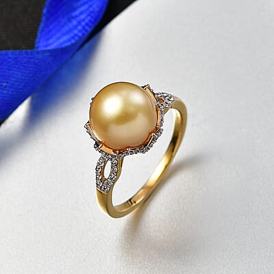D'Joy South Sea Golden Cultured Pearl and White Zircon 1.10 ctw Sunbeam Loop Ring in 18K Vermeil Yellow Gold Over Sterling Silver (Size 8.0)