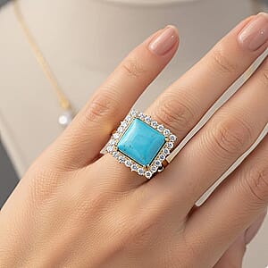  Certified & Appraised AAA Sleeping Beauty Turquoise and Luxuriant Lab Grown Diamond E-F VS 7.50 ctw Ring in 10K Yellow Gold (Size 10.5) 4.49 Grams