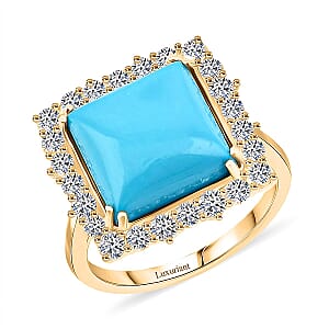  Certified & Appraised AAA Sleeping Beauty Turquoise and Luxuriant Lab Grown Diamond E-F VS 7.50 ctw Ring in 10K Yellow Gold (Size 12.0) 4.49 Grams