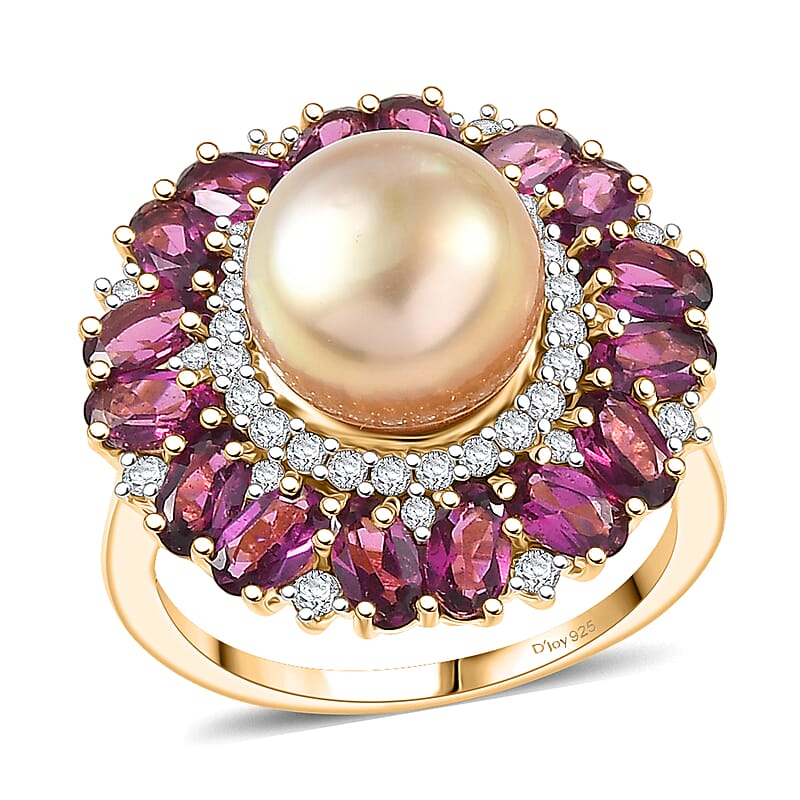 D'Joy South Sea Golden Cultured Pearl and Multi Gemstone 5.50 ctw Royal Bloom Ring in 18K Vermeil Yellow Gold Over Sterling Silver (Size 10.0)