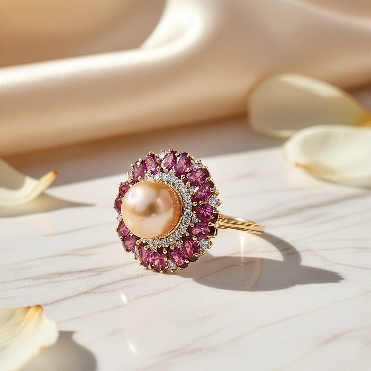 D'Joy South Sea Golden Cultured Pearl and Multi Gemstone 5.50 ctw Royal Bloom Ring in 18K Vermeil Yellow Gold Over Sterling Silver (Size 10.0) (Del. in 7-10 Days) image number 1